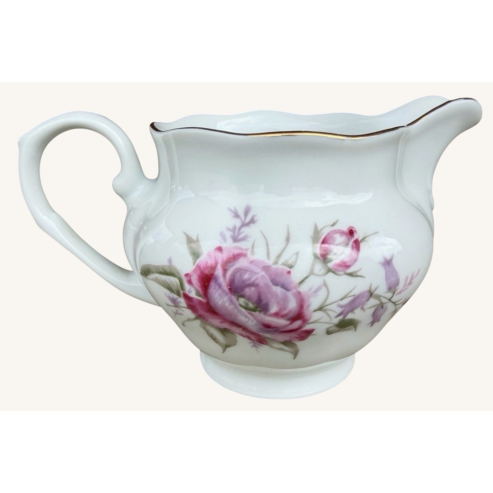 Vintage Karolina Poland Porcelain Creamer Pink & Lavender Roses Floral Scalloped